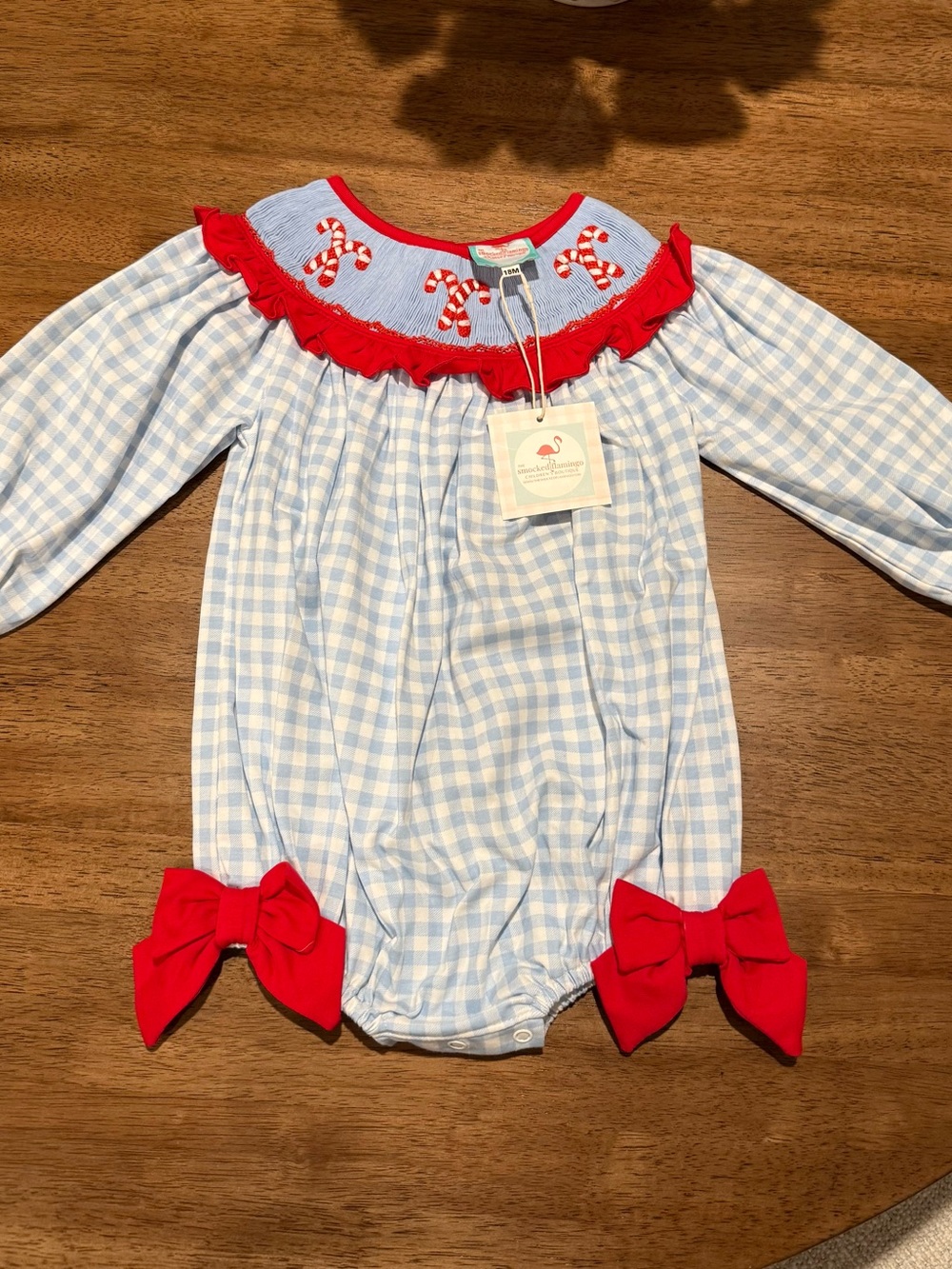 Light Blue Gingham One-Piece with Red Trim & Bows - Kids